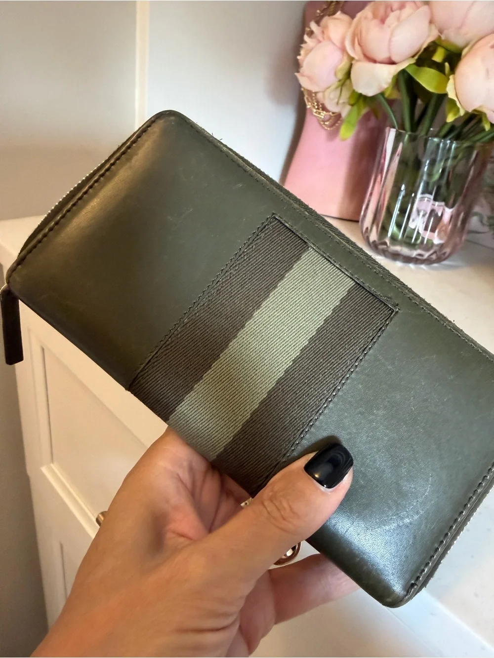 Gucci Olive and Dark Brown Stripe Zip Wallet